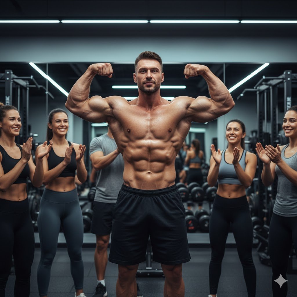 usuario de gimnasio muy musculado realiza una pose de doble bíceps ante cuatro mujeres y un hombre que le aplauden en un segundo plano