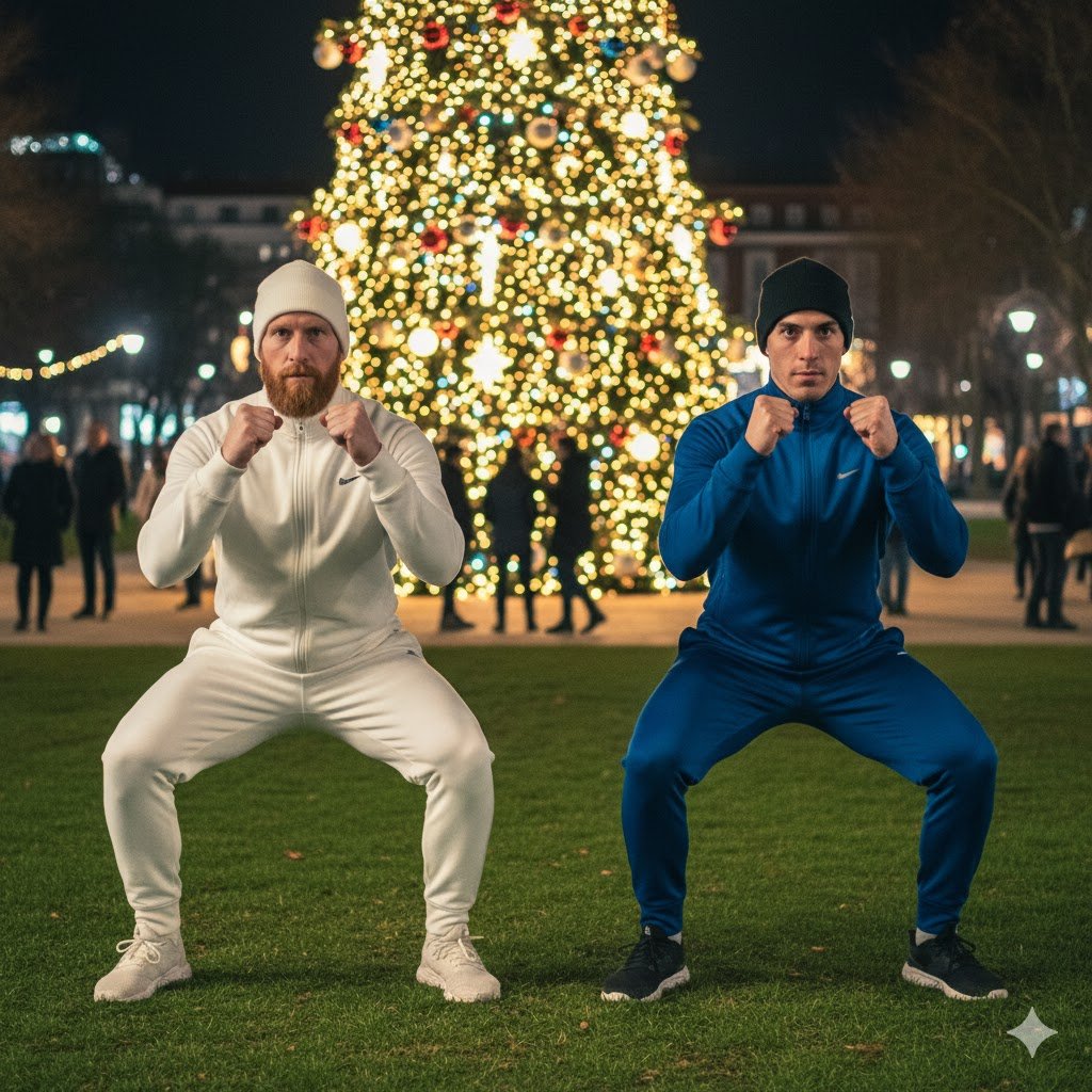 dos hombre se encuentran realizando una sentadilla mientras detrás en la imagen se ve un árbol de navidad 