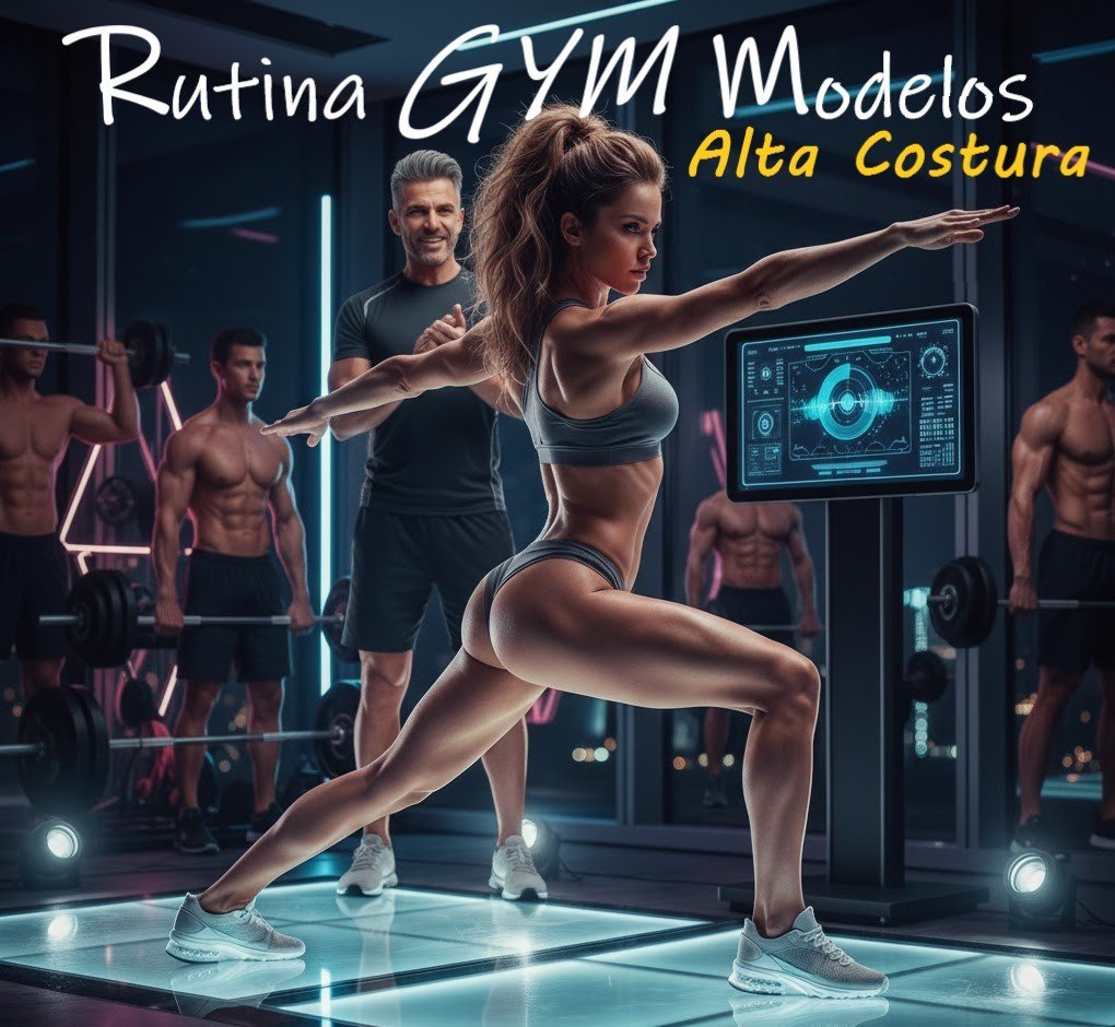 modelo muy guapa realiza un ejercicio en gimnasio ante la atenta mirada de su entrenador personal y un grupo de usuarios de gimnasio que realizan ejercicio de musculación