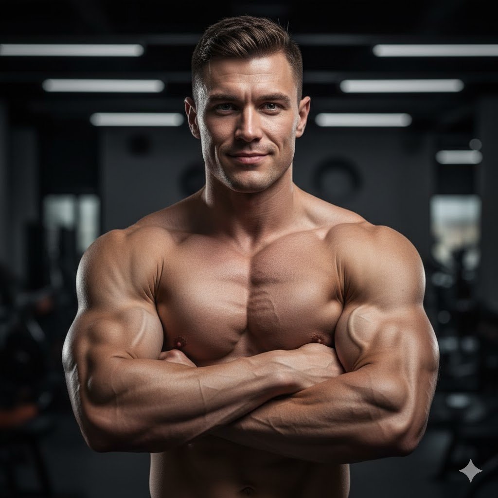 culturista con buen aspecto aparece en primer plano cruzando sus brazos sin camiseta en un gimnasio