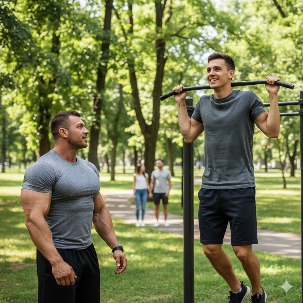 un hombre musculado a la izquierda de la imagen observa como un hombre joven de unos 20 años realiza una dominada sobre una barra fija en un entorno al aire libre con muchos arboles