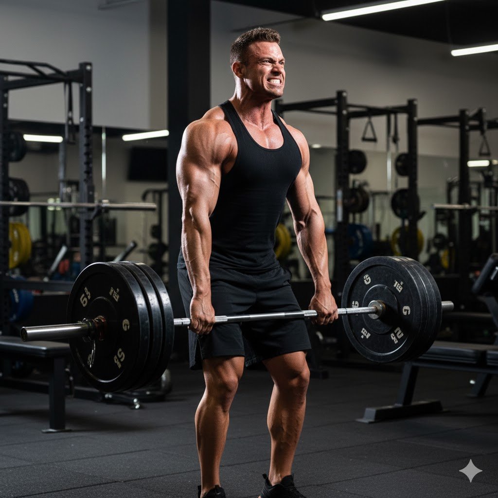hombre de gran volumen muscular realiza una arrancada de potencia en una gimnasio
