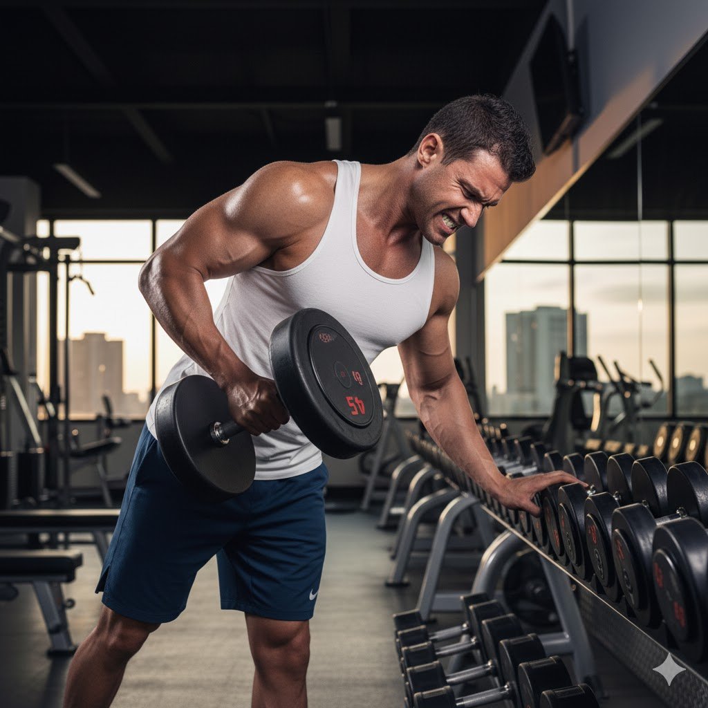 usuario de gimnasio realiza un remo con mancuerna con su mano derecha mientras apoya su mano izquierda sobre un soporte de mancuernas en un GYM