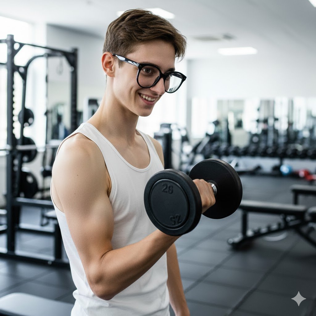 hombre de unos 20 años levanta una pesa de GYM con su mano derecha y sonríe a la vez