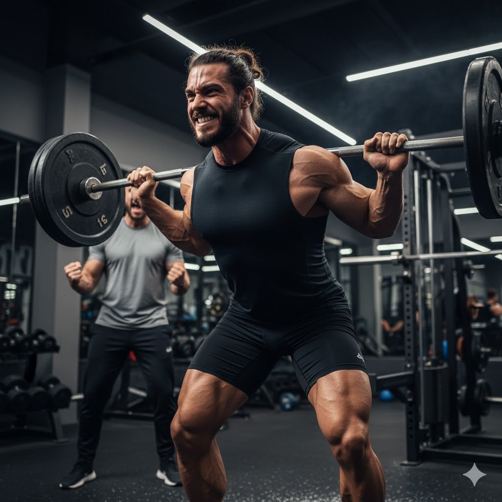 hombre de pelo negro largo con coleta realiza una sentadilla libre ante la atenta mirada de su entrenador en un segundo plano animándole