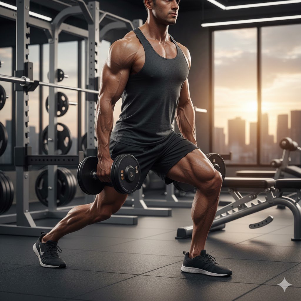usuario de gimnasio musculado realiza una serie de zancadas con su pierna izquierda