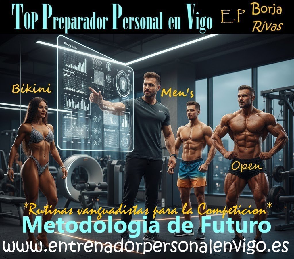 una chica fitness bikini a la izquierda, un entrenador personal y un MENS en el centro y un OPEN competidor de culturismo a la derecha