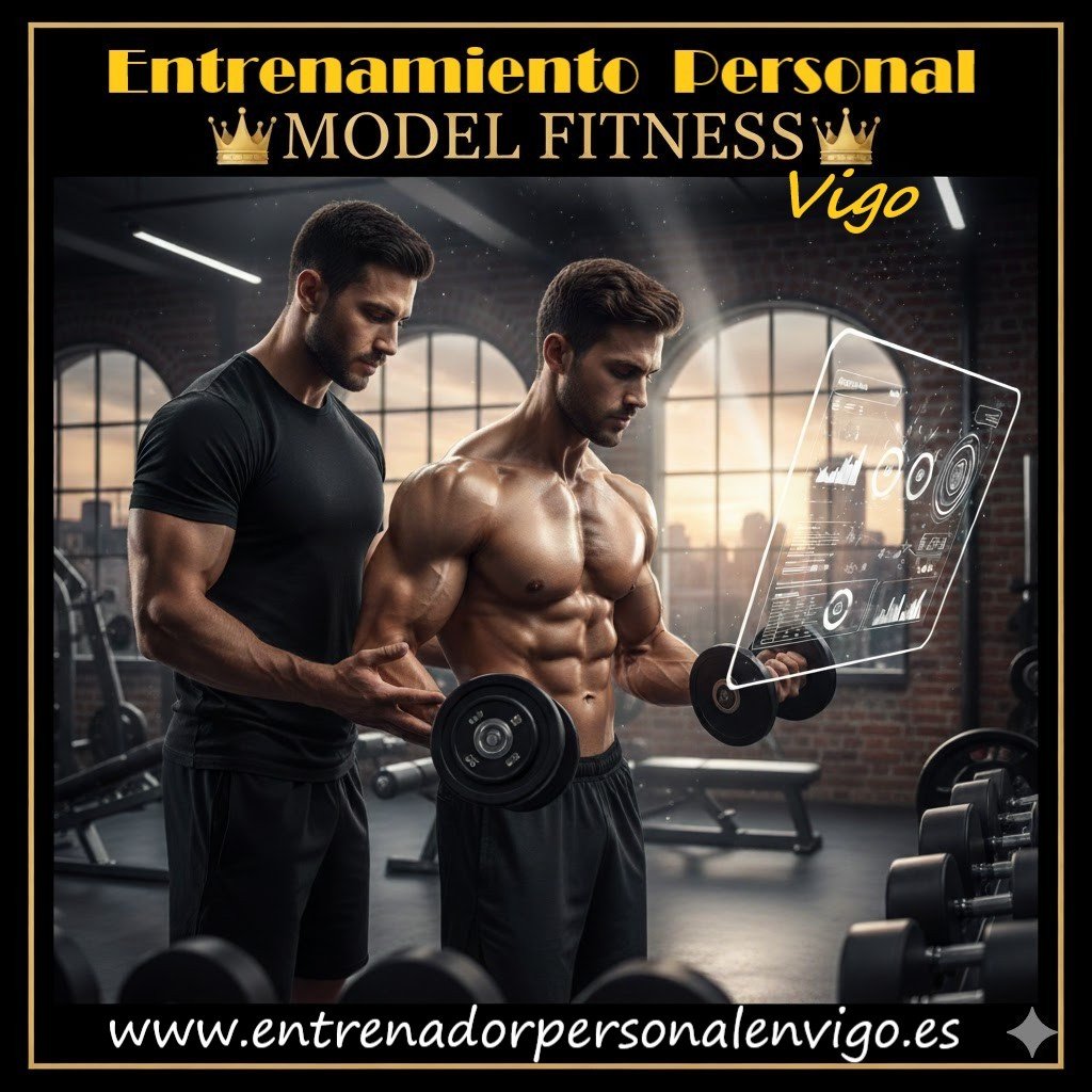 un entrenador personal ayuda a su alumno para realizar su entrenamiento personal Vigo MODEL FITNESS