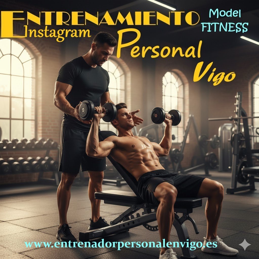 un hombre sin camiseta y musculado realiza un press con mancuernas ante la atenta mirada de su entrenador personal en un gimnasio de Vigo