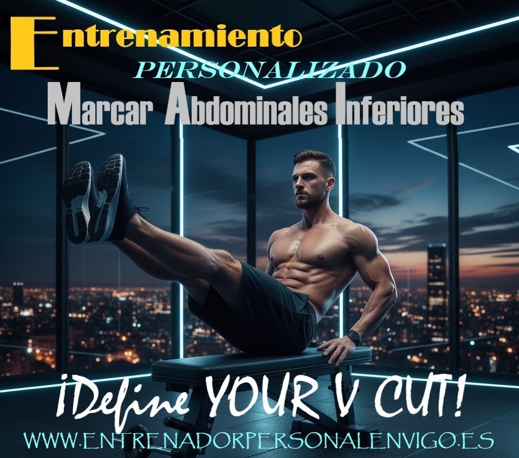 cliente de gimnasio realiza sin camiseta CRUNCHES en un banco mientras apoya sus dos manos y aprieta sus abdominales inferiores