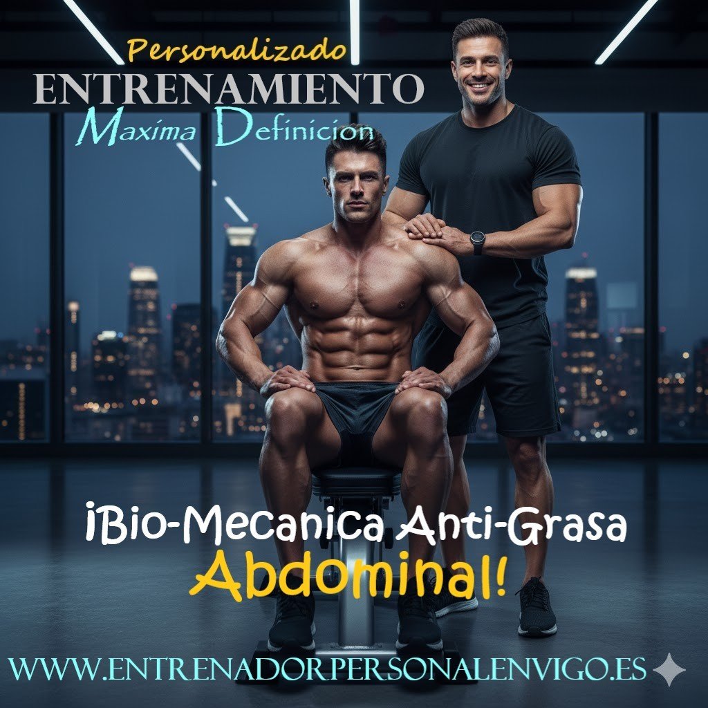 aficionado del FITNESS posa sentado mostrando unos perfectos abdominales en el gimnasio con su entrenador personal poniendo la mano sobre su hombro