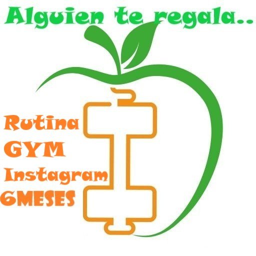 una mancuerna y una manzana junto a la descripción rutina GYM Instagram 6 MESES