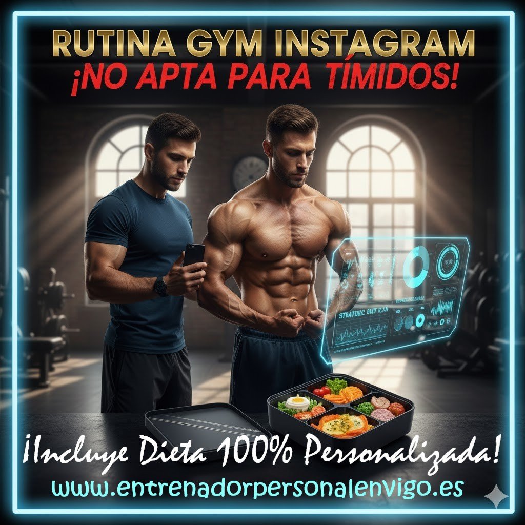 entrenador personal a la izquierda y a la derecha un hombre sin camiseta entrenándose, debajo se ven una serie de alimentos organizados  