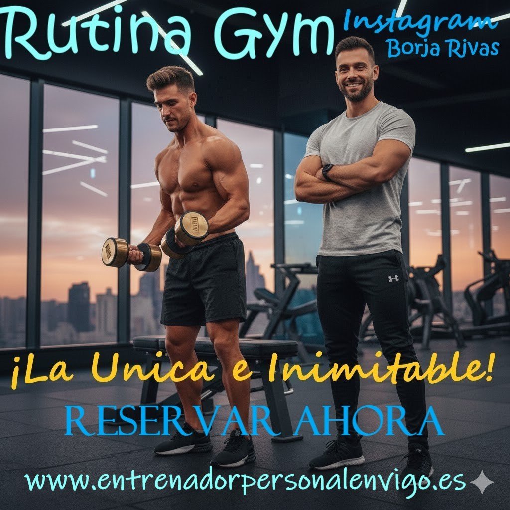 entrenador personal con los brazos cruzados a la derecha y a la izquierda su alumno entrenando sin camiseta en un gimnasio mientras se prepara este ultimo para levantar dos mancuernas que porta en sus manos 