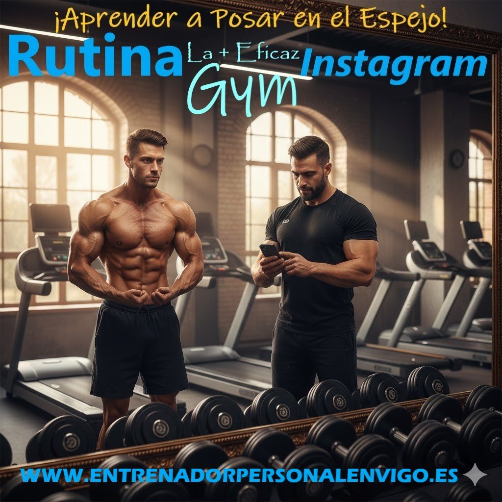 entrenador personal con un móvil en sus manos y a su lado un influencer sin camiseta de buen físico aprendiendo a posar frente al espejo